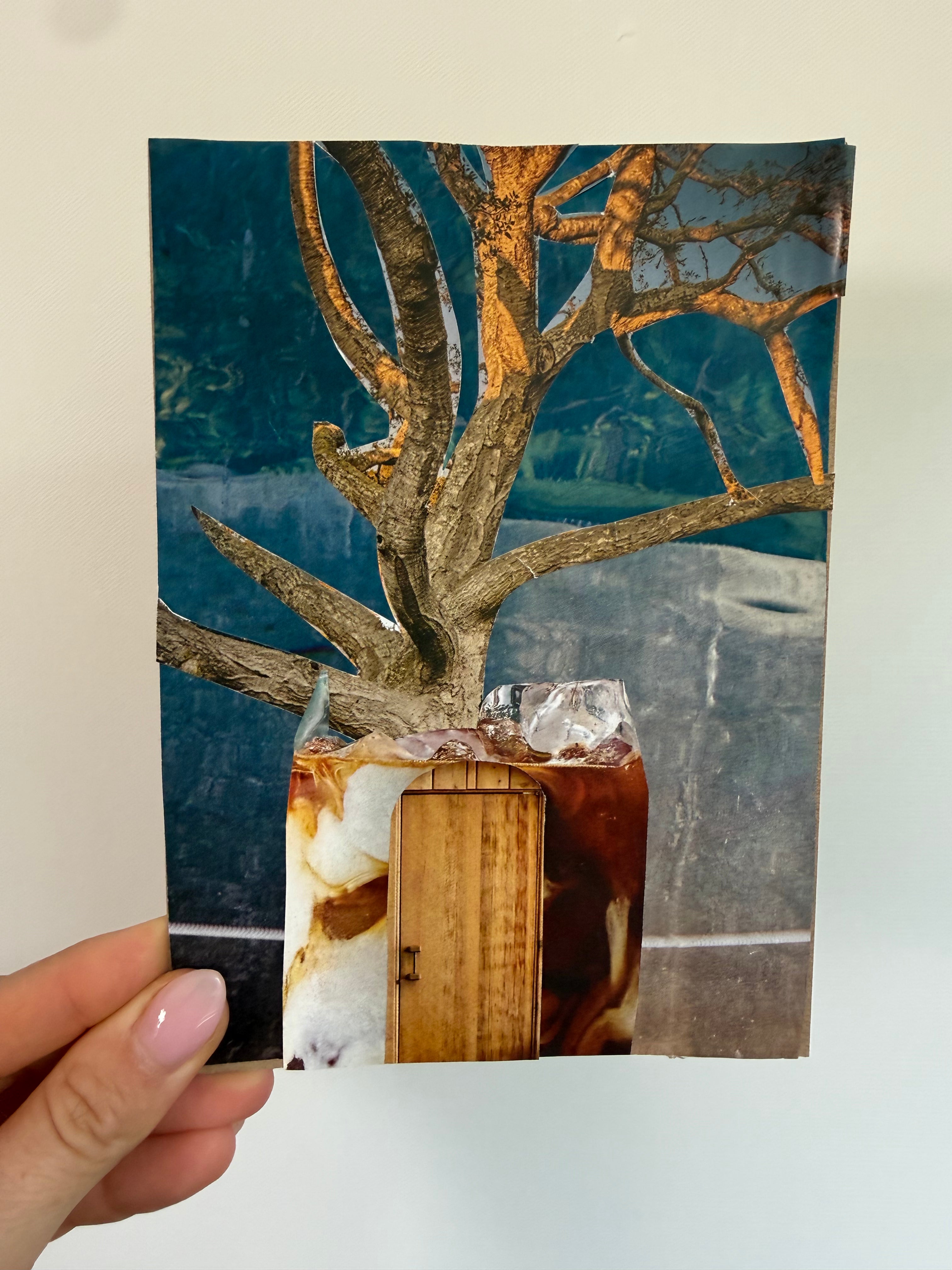 "Coffee Tree," Original Collage on Paper, 5x7